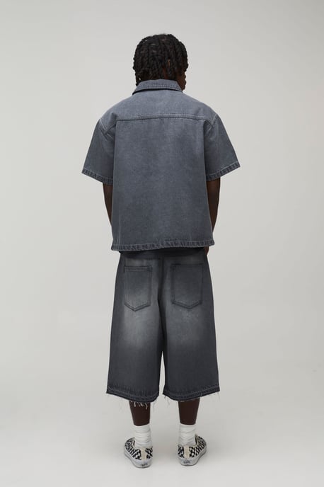 Washed Rhinestone Boxy Oversized Revere Denim Shirt - Image 2
