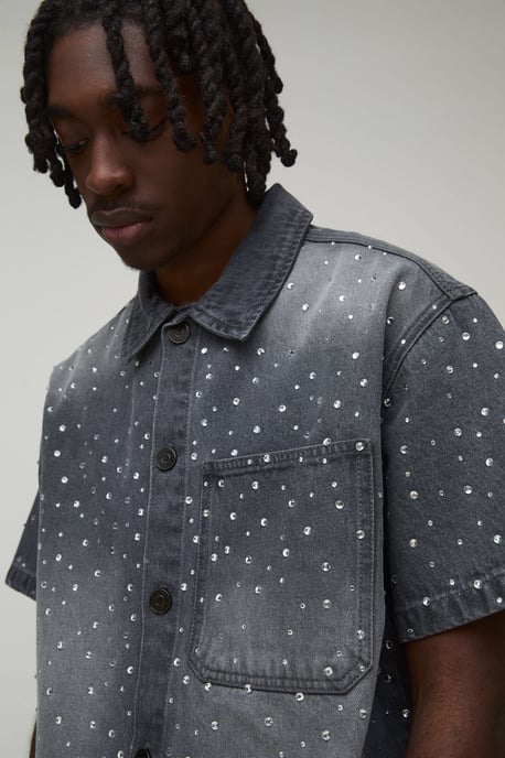 Washed Rhinestone Boxy Oversized Revere Denim Shirt - Image 3