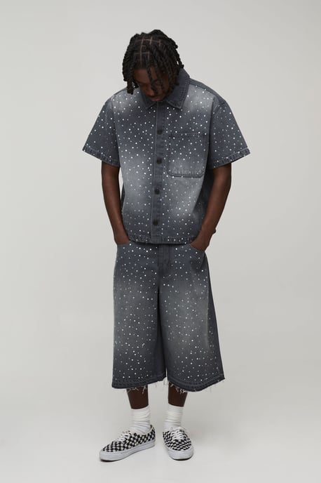 Washed Rhinestone Boxy Oversized Revere Denim Shirt - Image 4