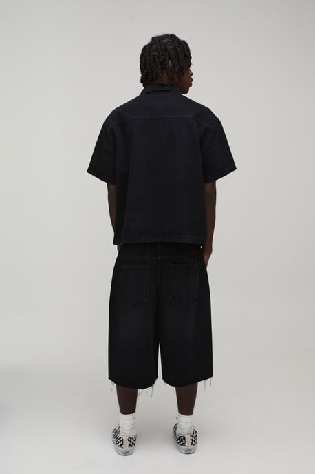 Washed Rhinestone Boxy Oversized Revere Denim Shirt - Image 2