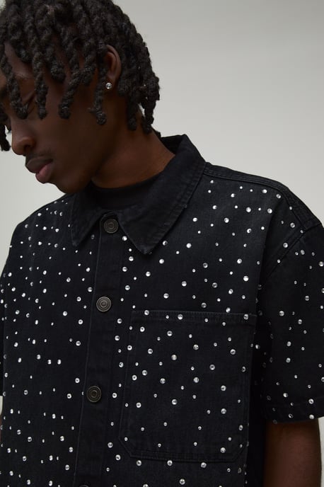 Washed Rhinestone Boxy Oversized Revere Denim Shirt - Image 3