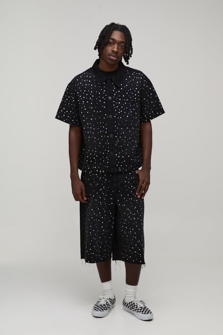 Washed Rhinestone Boxy Oversized Revere Denim Shirt - Image 4