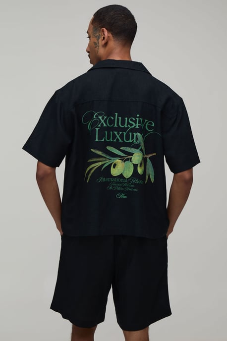 Back Printed Linen Blend Oversized Shirt & Short Set - Image 1