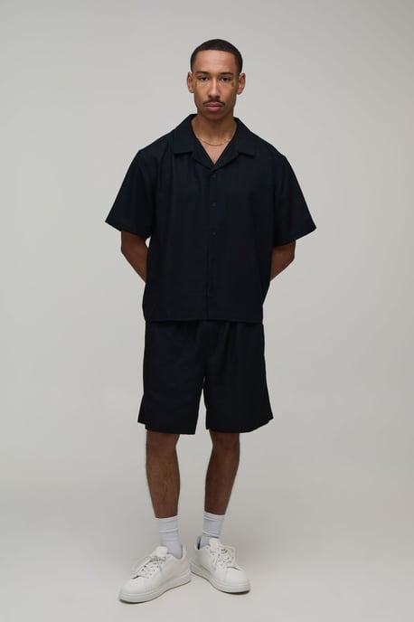 Back Printed Linen Blend Oversized Shirt & Short Set - Image 4