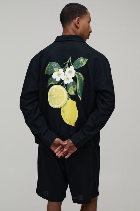Lemon Back Print Oversized Linen Blend Shirt & Short Set - Image 1