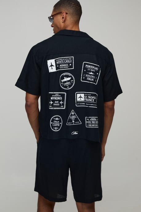 Travel Stamp Linen Blend Regular Fit Short Set - Image 1
