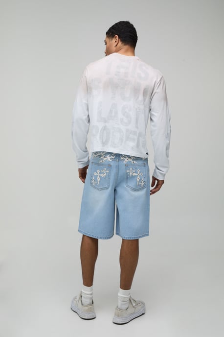 Regular Cross Applique Rhinestone Denim Jorts - Image 2