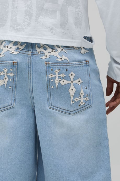 Regular Cross Applique Rhinestone Denim Jorts - Image 3