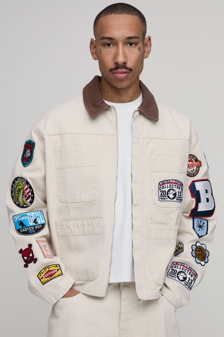 Regular Zip Through Badge Applique Herringbone Twill Overshirt - Image 1