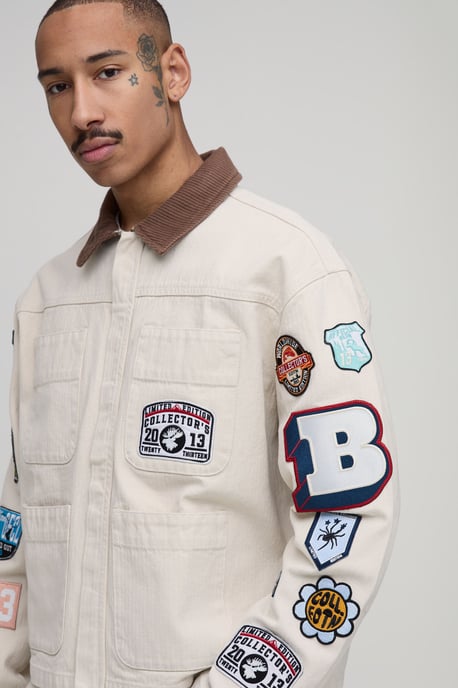 Regular Zip Through Badge Applique Herringbone Twill Overshirt - Image 3