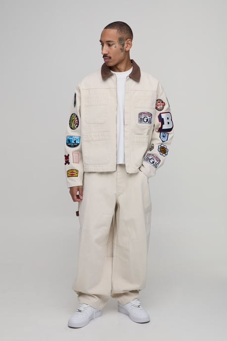 Regular Zip Through Badge Applique Herringbone Twill Overshirt - Image 4