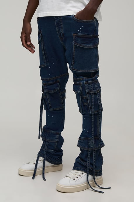 Washed Stacked Flare Strap Detail Cargo Jeans - Image 1