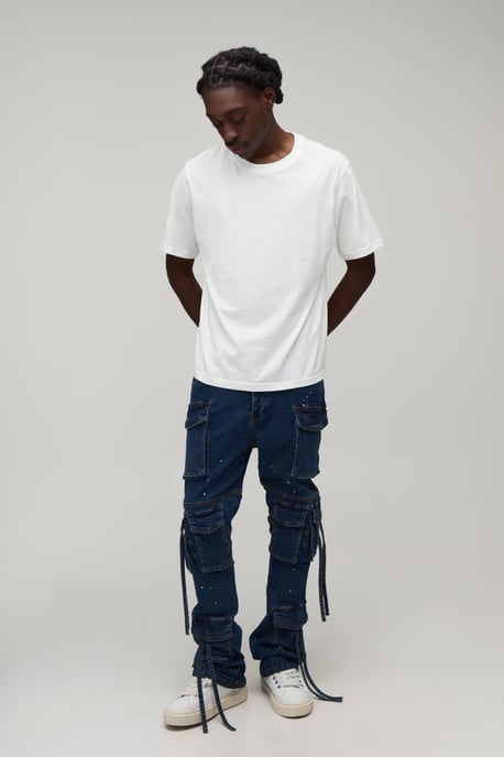 Washed Stacked Flare Strap Detail Cargo Jeans - Image 4
