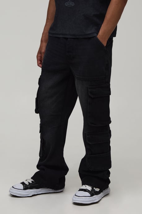 Washed Relaxed Fit Cargo Flared Jeans - Image 1