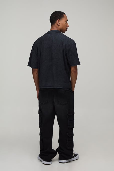 Washed Relaxed Fit Cargo Flared Jeans - Image 2