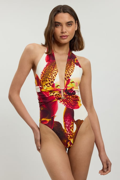 Orchid Print Plunge Swimsuit - Image 1