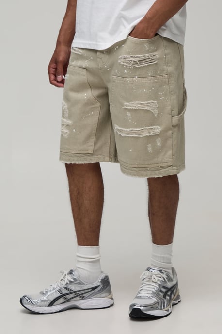 Ripped Carpenter Paint Splatter Relaxed Fit Denim Shorts - Image 1