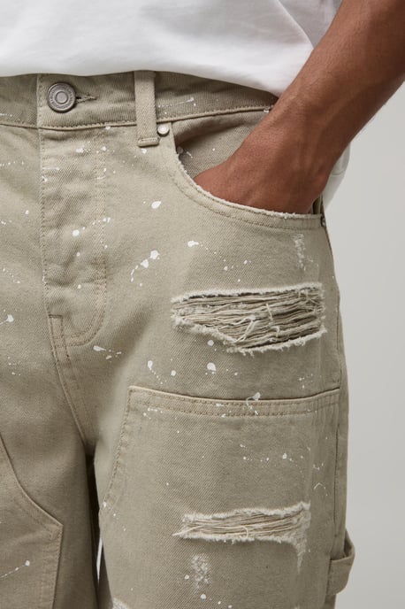 Ripped Carpenter Paint Splatter Relaxed Fit Denim Shorts - Image 3
