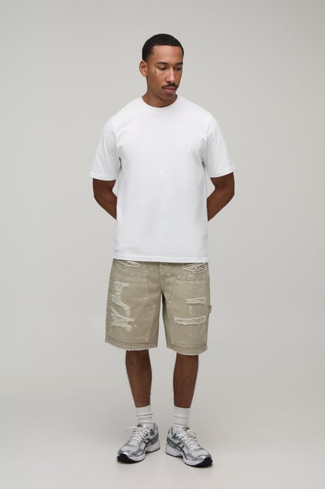 Ripped Carpenter Paint Splatter Relaxed Fit Denim Shorts - Image 4