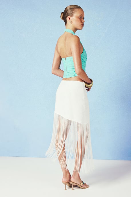 Linen Tassle Trim Asymmetric Skirt - Image 2