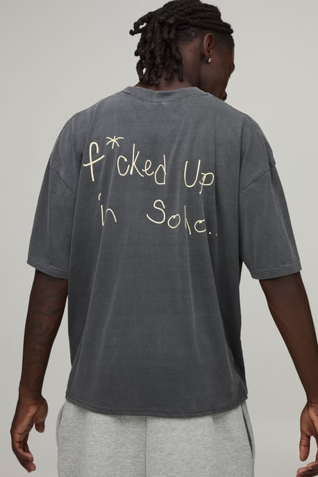 Washed Charcoal Oversized Boxy Soho Slogan Print T-Shirt - Image 1