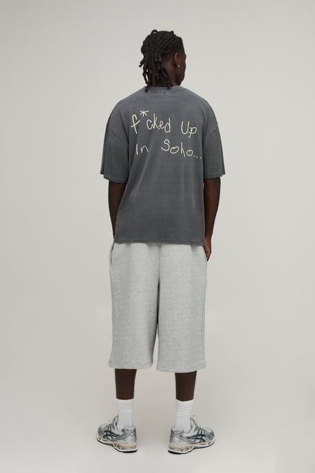 Washed Charcoal Oversized Boxy Soho Slogan Print T-Shirt - Image 2
