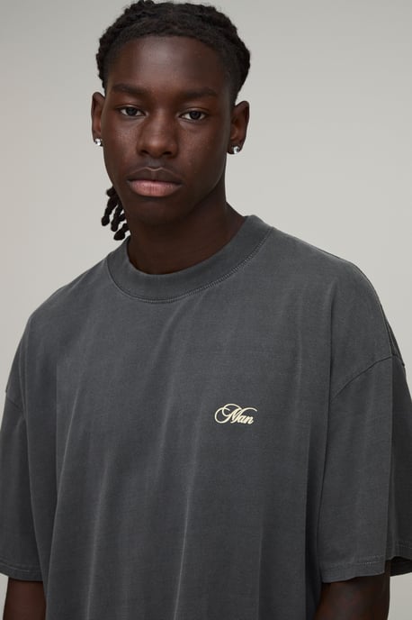 Washed Charcoal Oversized Boxy Soho Slogan Print T-Shirt - Image 3