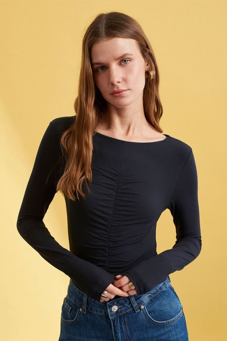Slim Fit Boat Neck Long Sleeve Blouse - Image 1