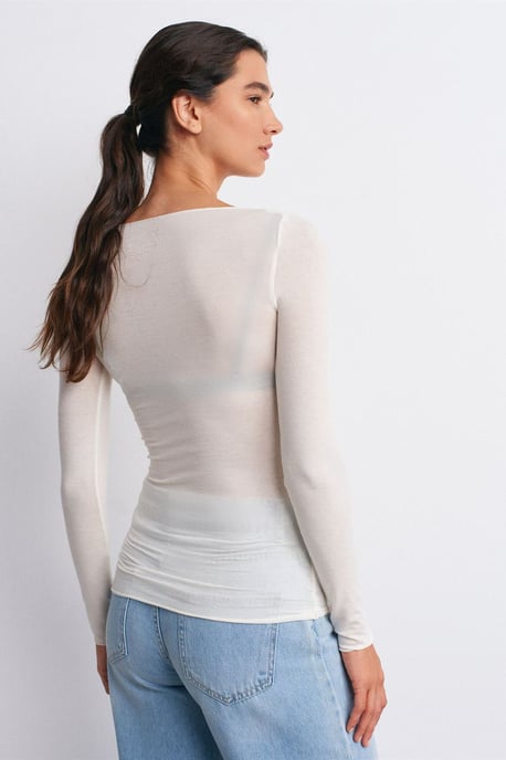 Slim Fit Boat Neck Long Sleeve Knit Blouse - Image 2