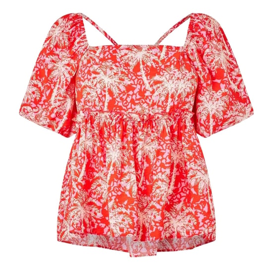 Biba Damesblouse met vierkante hals en pofmouwen (Oranje/Wit) - Image 1