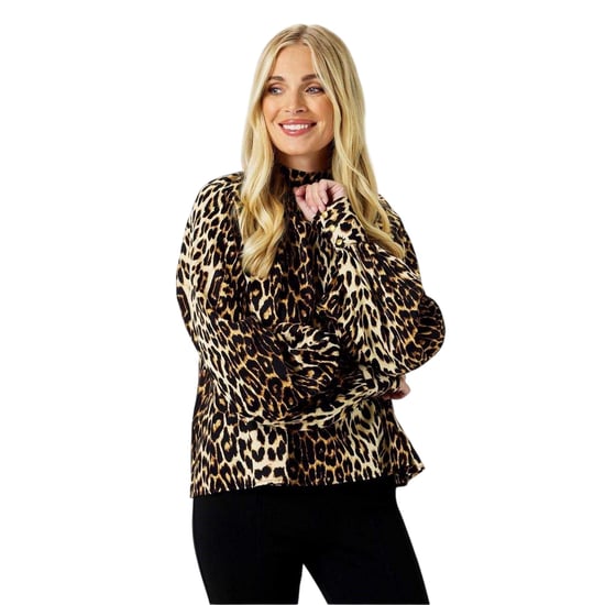 Biba Damesblouse met ballonmouwen en luipaardprint (Zwart/Beige) - Image 1