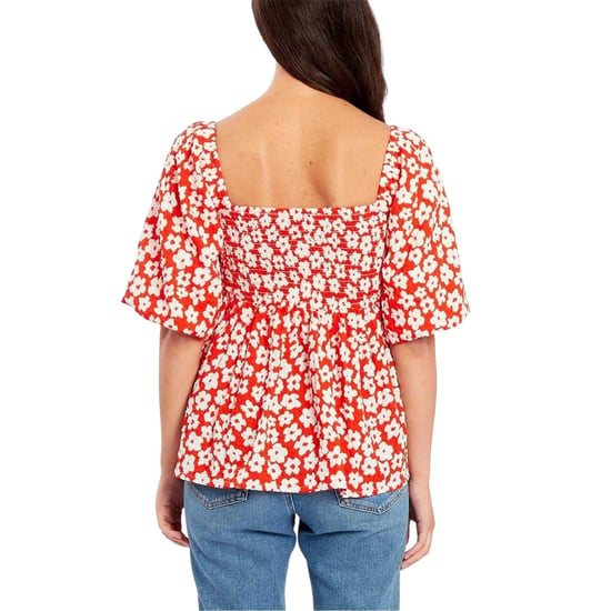 Be You Damesblouse met wafelpatroon, vierkante hals en pofmouwen (Rood, Wit) - Image 1