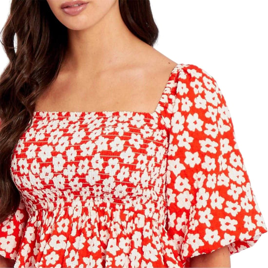 Be You Damesblouse met wafelpatroon, vierkante hals en pofmouwen (Rood, Wit) - Image 2