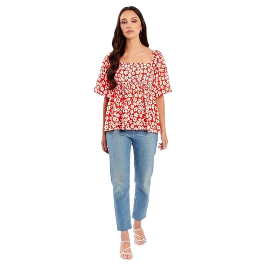 Be You Damesblouse met wafelpatroon, vierkante hals en pofmouwen (Rood, Wit) - Image 3