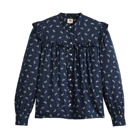 Levis Damblus med blommönster, hög hals och volanger – Gianna (Marinblått) - Image 2