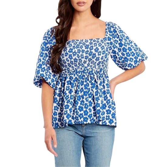 Be You Damesblouse met wafelpatroon, vierkante hals en pofmouwen (Marine, Wit) - Image 2