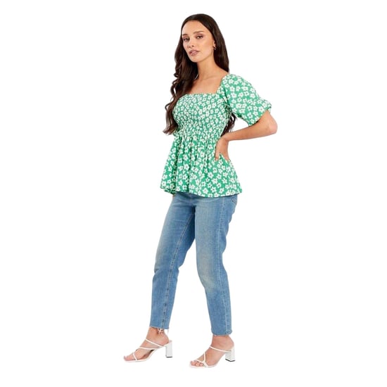 Be You Damesblouse met wafelpatroon, vierkante hals en pofmouwen (Groen, Wit) - Image 1