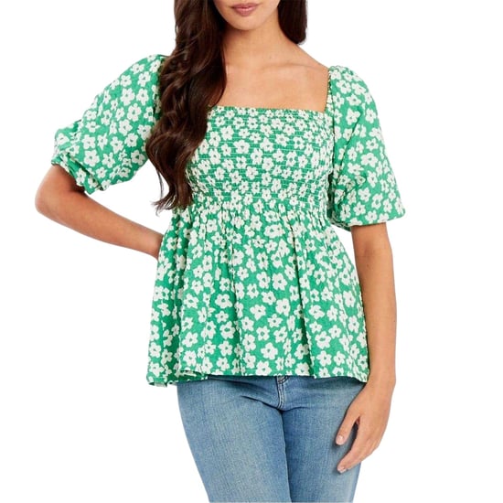 Be You Damesblouse met wafelpatroon, vierkante hals en pofmouwen (Groen, Wit) - Image 2