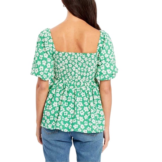 Be You Damesblouse met wafelpatroon, vierkante hals en pofmouwen (Groen, Wit) - Image 3