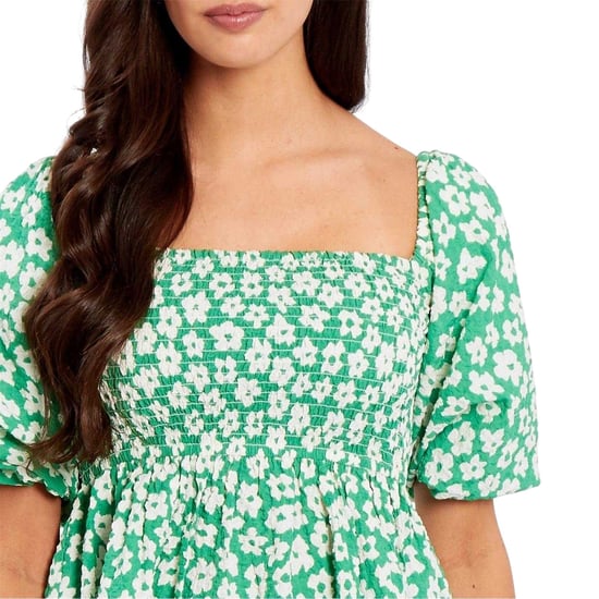 Be You Damesblouse met wafelpatroon, vierkante hals en pofmouwen (Groen, Wit) - Image 4