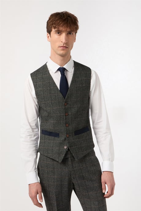 Single Breasted Sleeveless Five Button V-neck Plain Slim Fit Suit Waistcoat in Olive - Image 1