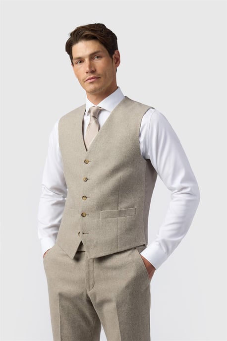 Single Breasted Sleeveless Five Button V-neck Plain Tailored Suit Waistcoat in Stone - Image 1