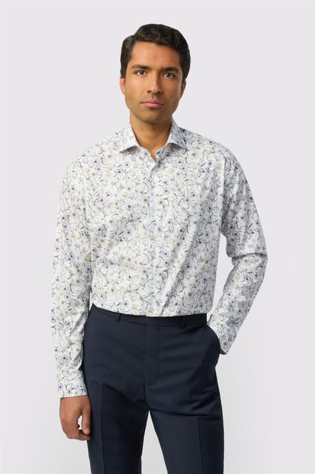 Long Sleeve Floral Tailored Formal Shirt in White - Image 1