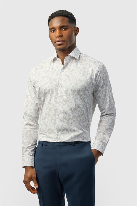 Long Sleeve Paisley Tailored Formal Shirt in White - Image 1