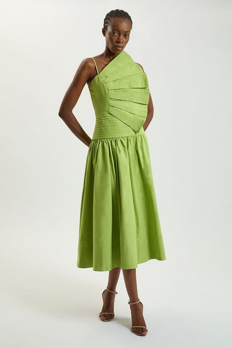 Cotton Poplin 3D Pleat Detail Woven Midi Dress - Image 1