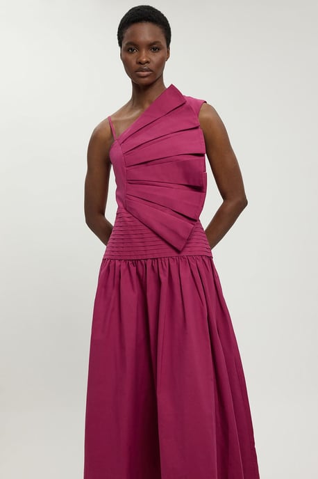 Cotton Poplin 3D Pleat Detail Woven Midi Dress - Image 2