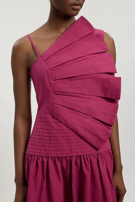Cotton Poplin 3D Pleat Detail Woven Midi Dress - Image 4