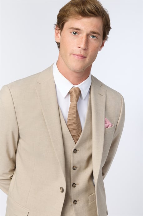 Single Breasted Long Sleeve Two Button Slim Fit Suit Jacket in Natural - Image 3