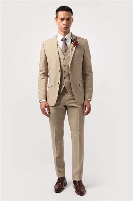 Single Breasted Long Sleeve Two Button Slim Fit Suit Jacket in Natural - Image 6