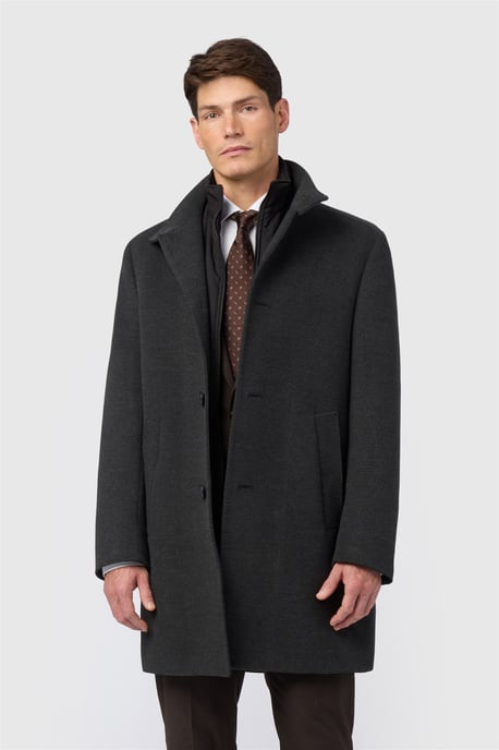 Single Breasted Long Sleeve Five Button Funnel Overcoat in Charcoal - Image 1